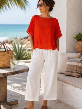 Eileen Fisher Sheer Silk Georgette Flame Bateau Neck Oversized Top L/XL NWT‎